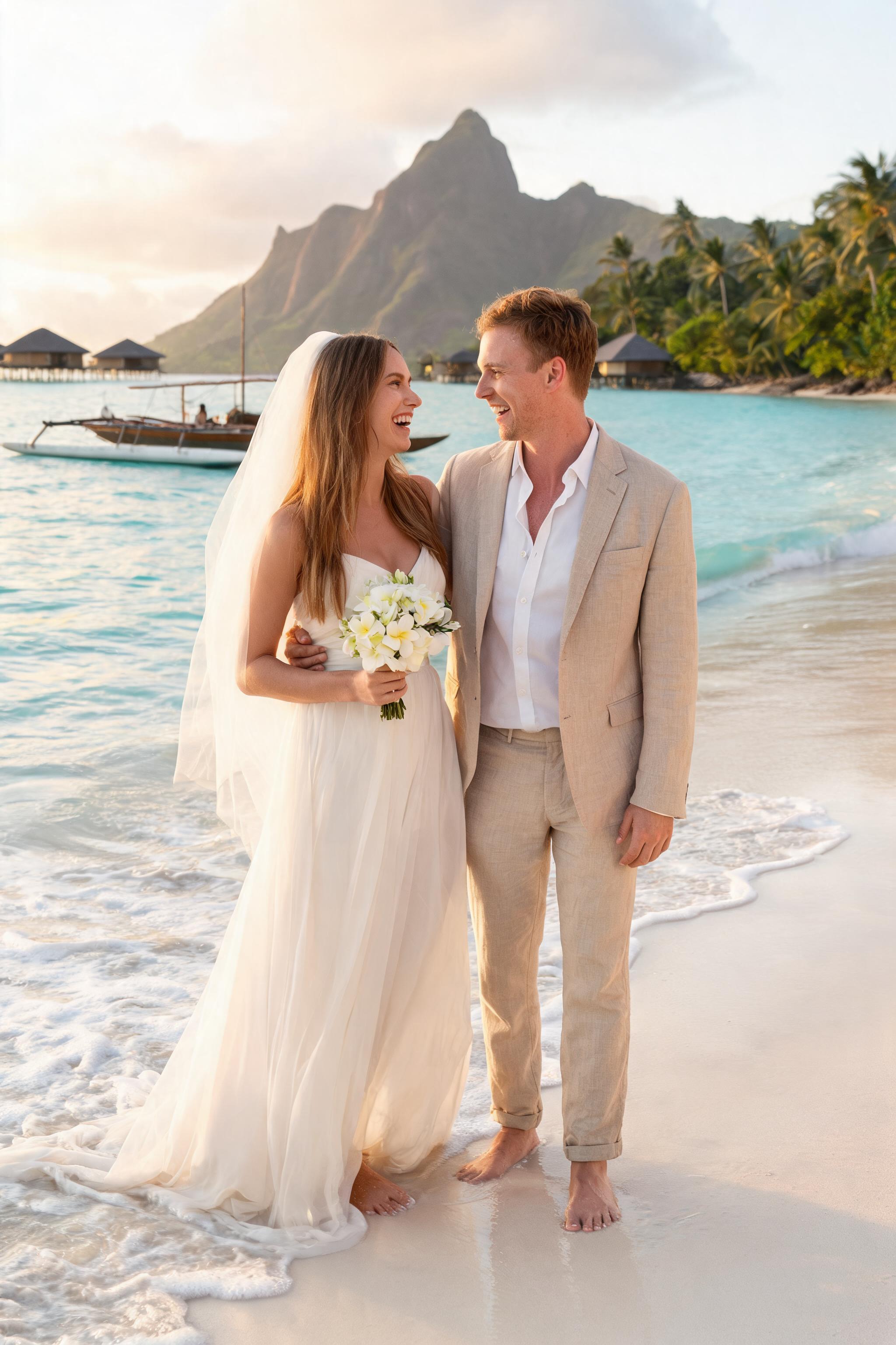 Barefoot couple in wedding attire laughing at the water's edge in Bora Bora, with Mount Otemanu and turquoise lagoon behind t