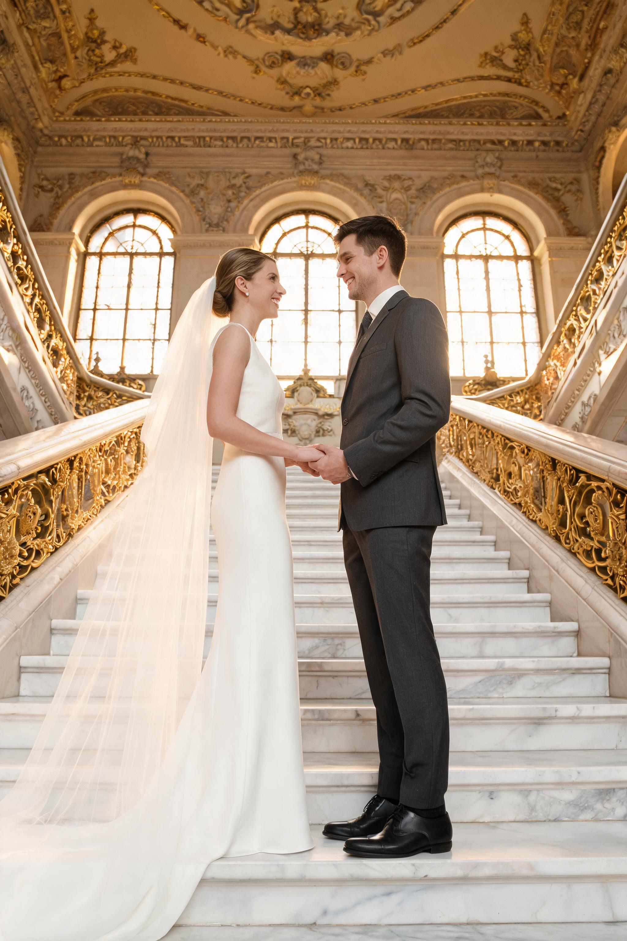 Couple in wedding attire on San Francisco City Hall grand staircase, warm light, Beaux-Arts interior, full-body portrait.