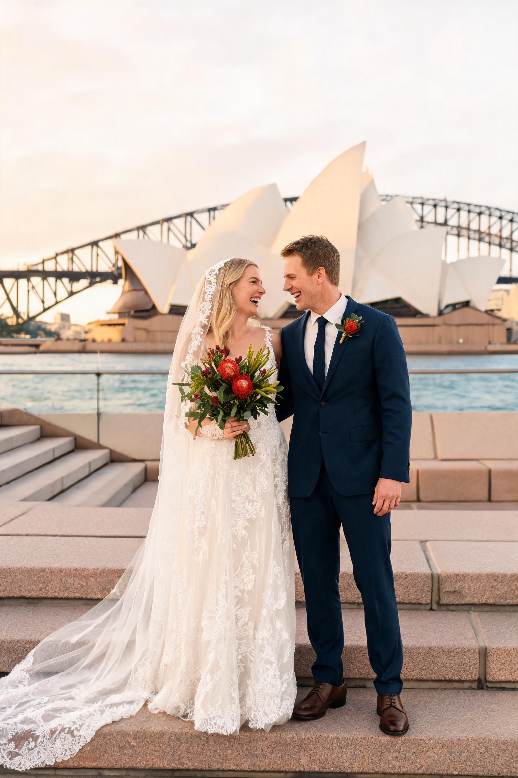 Full-body wedding portrait of a couple on Sydney Opera House steps at golden hour, bride in lace gown with veil, groom in nav