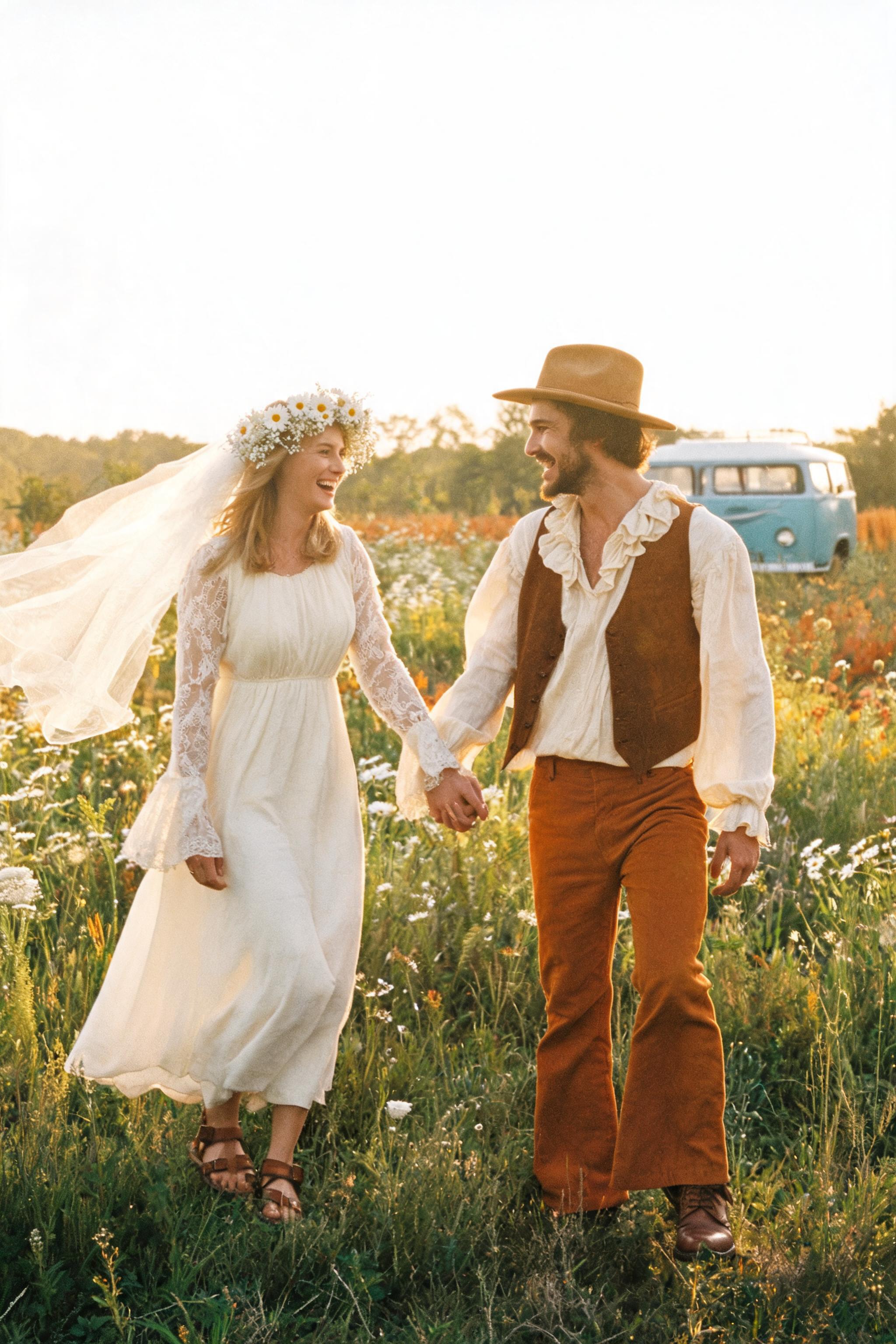 Couple in 1970s bohemian wedding attire holding hands in a sunlit meadow, with flower crown, bell sleeves, and a distant VW v