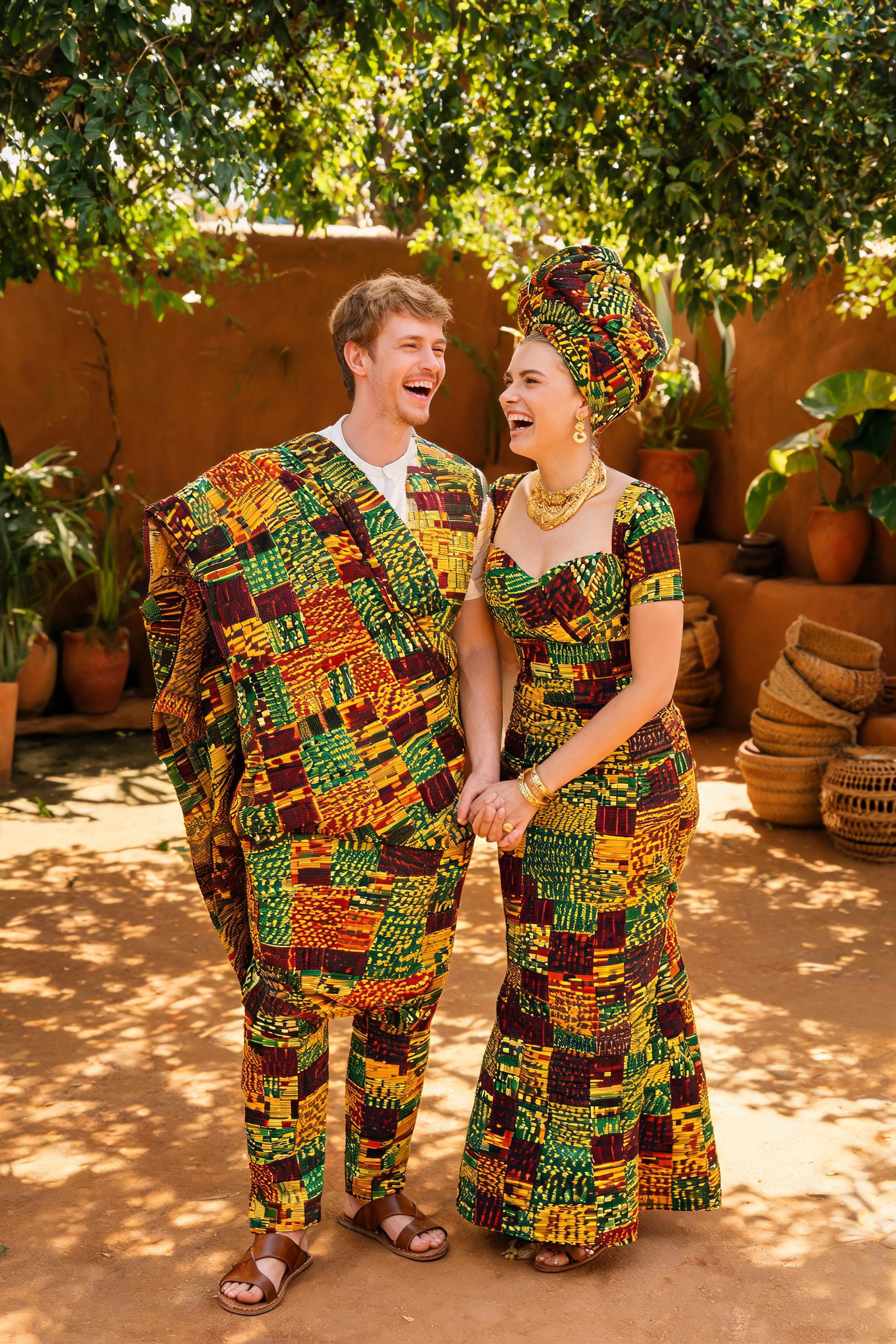 Joyful couple in traditional kente wedding attire laughing in a sunlit Accra courtyard with adobe walls and potted plants.