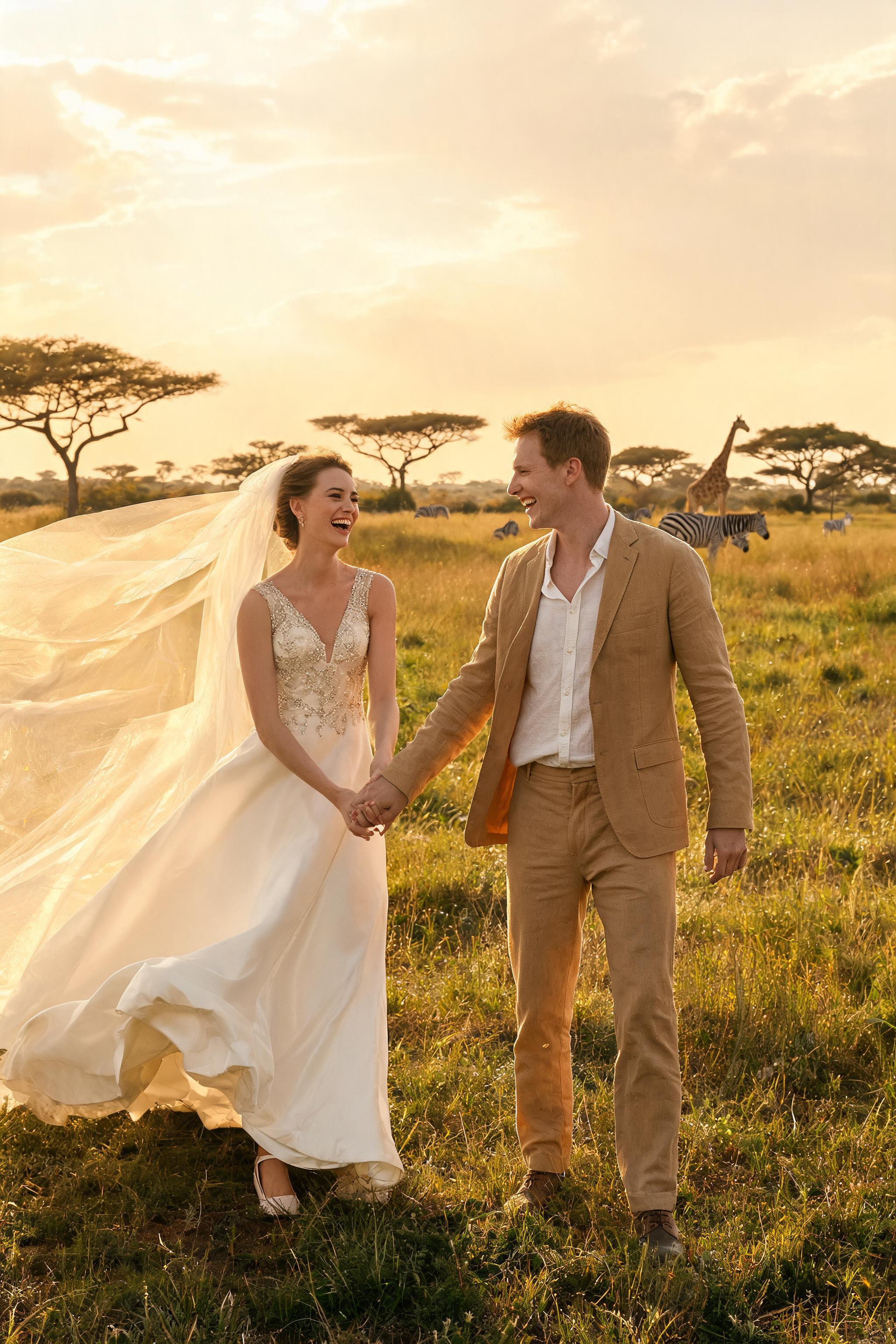 European couple in wedding attire laughing on a sunlit Kenyan savanna at golden hour, with acacia trees and distant wildlife
