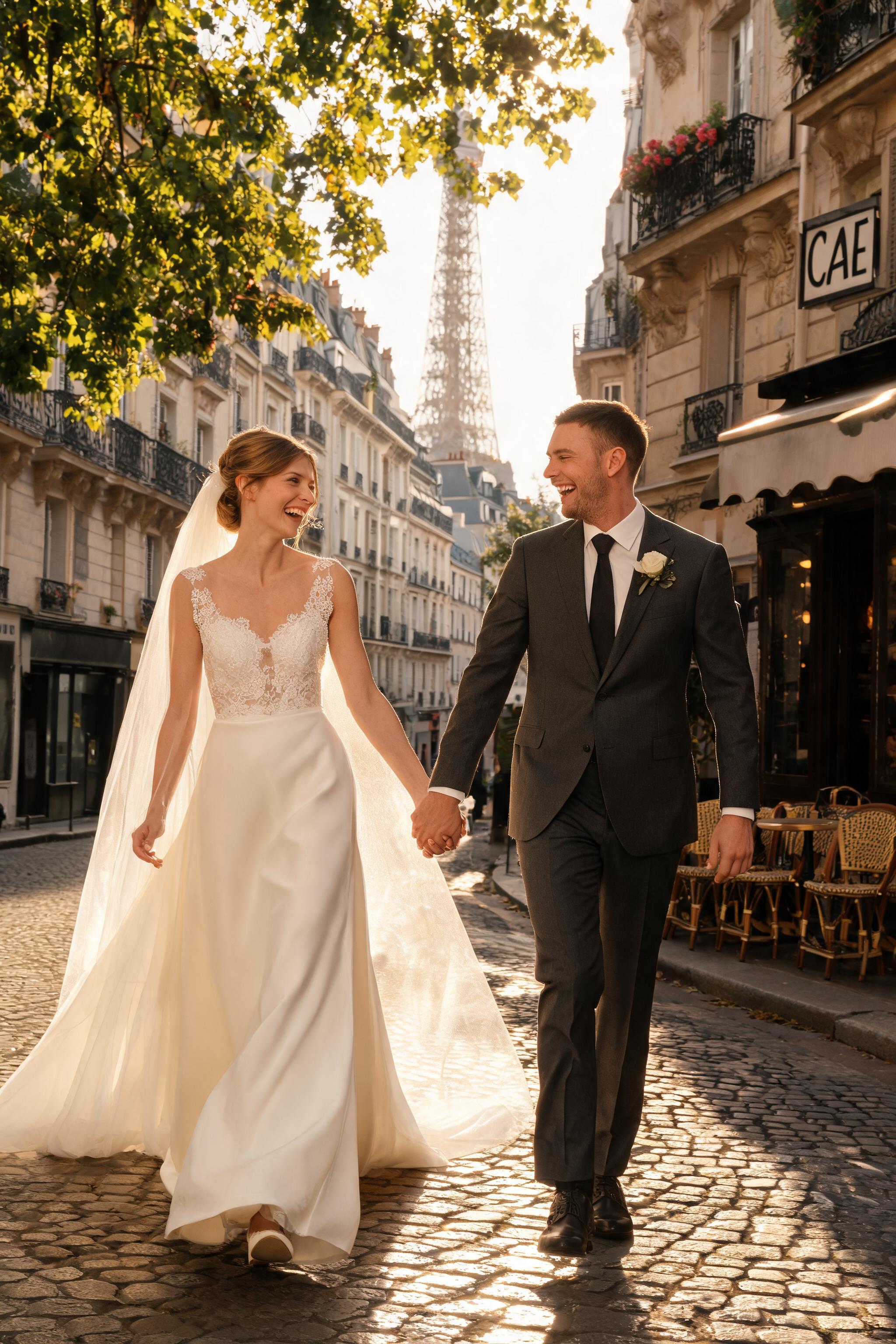Bride and groom in wedding attire walking hand in hand on a Parisian street at golden hour, with Haussmann buildings and café