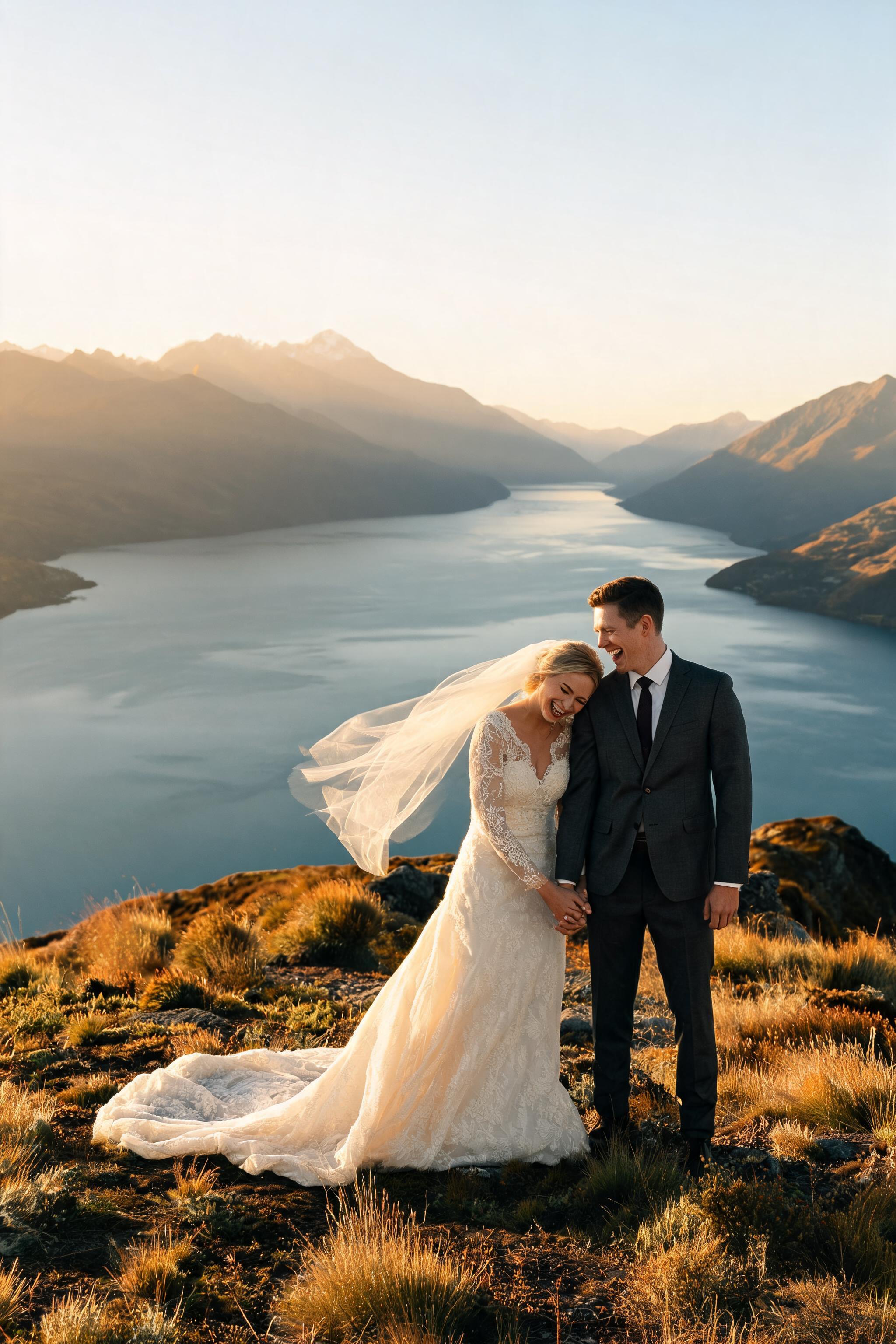 Newlywed couple laughing on a Queenstown alpine ridge above Lake Wakatipu, golden light, tussock grass, and mountains.