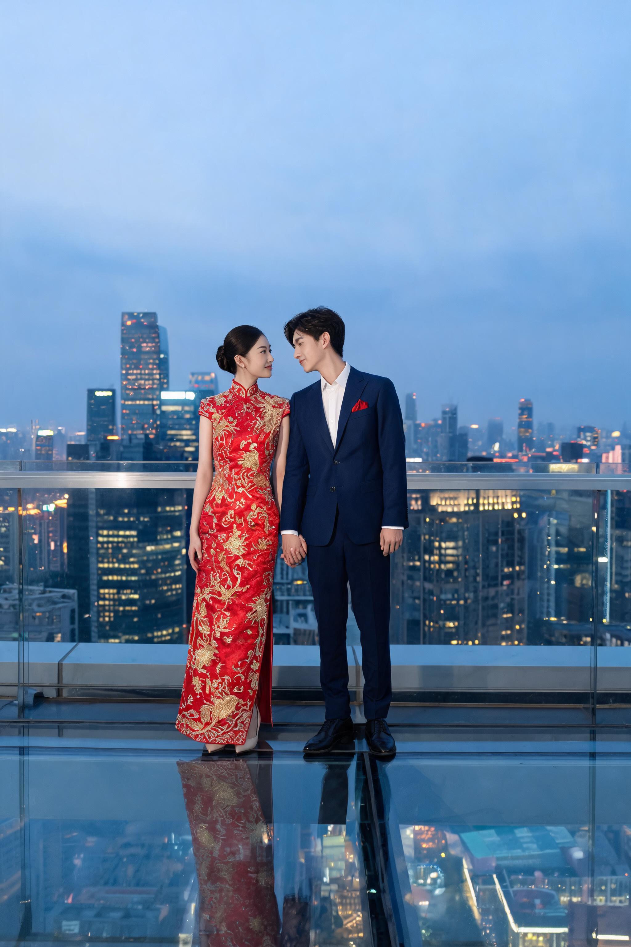Modern Chinese wedding couple on glass skywalk at dusk, bride in red qipao, groom in navy suit, city lights glowing.