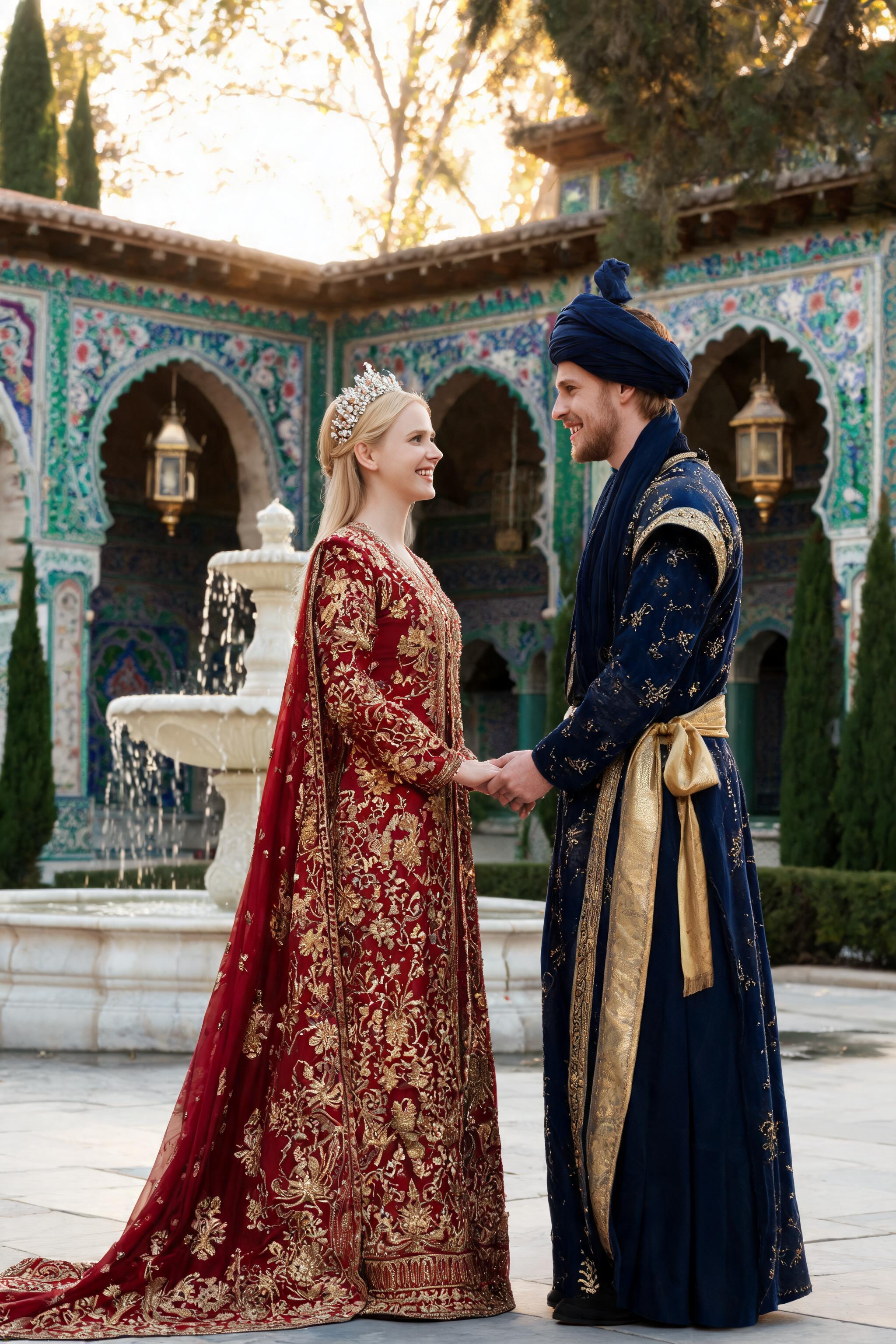 Full-body portrait of a Western couple in Turkish Ottoman wedding attire, crimson and navy kaftans, in a historic palace cour