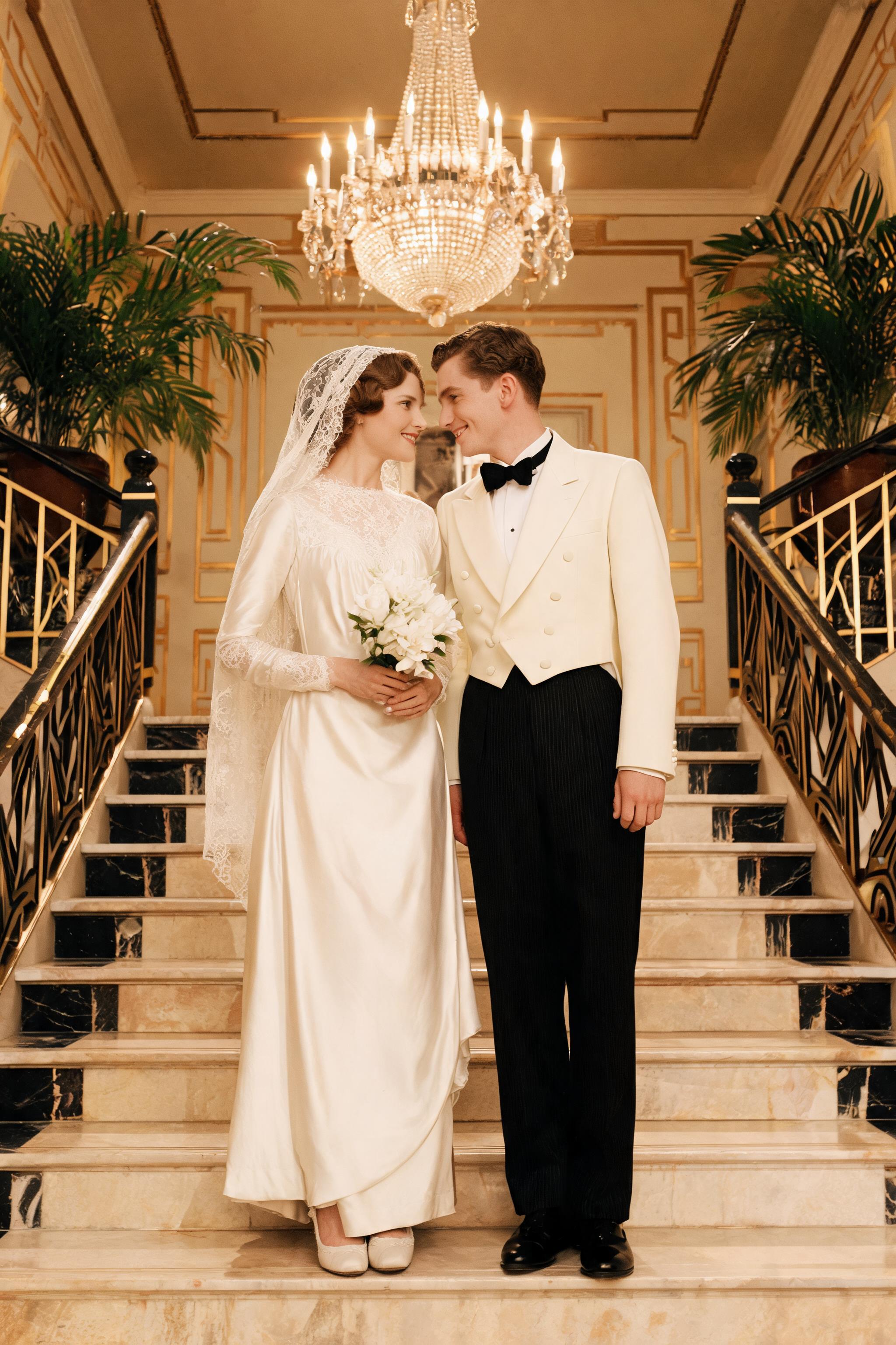 Elegant couple in 1930s wedding attire on grand Art Deco staircase, bride in ivory satin gown, groom in cream dinner jacket,