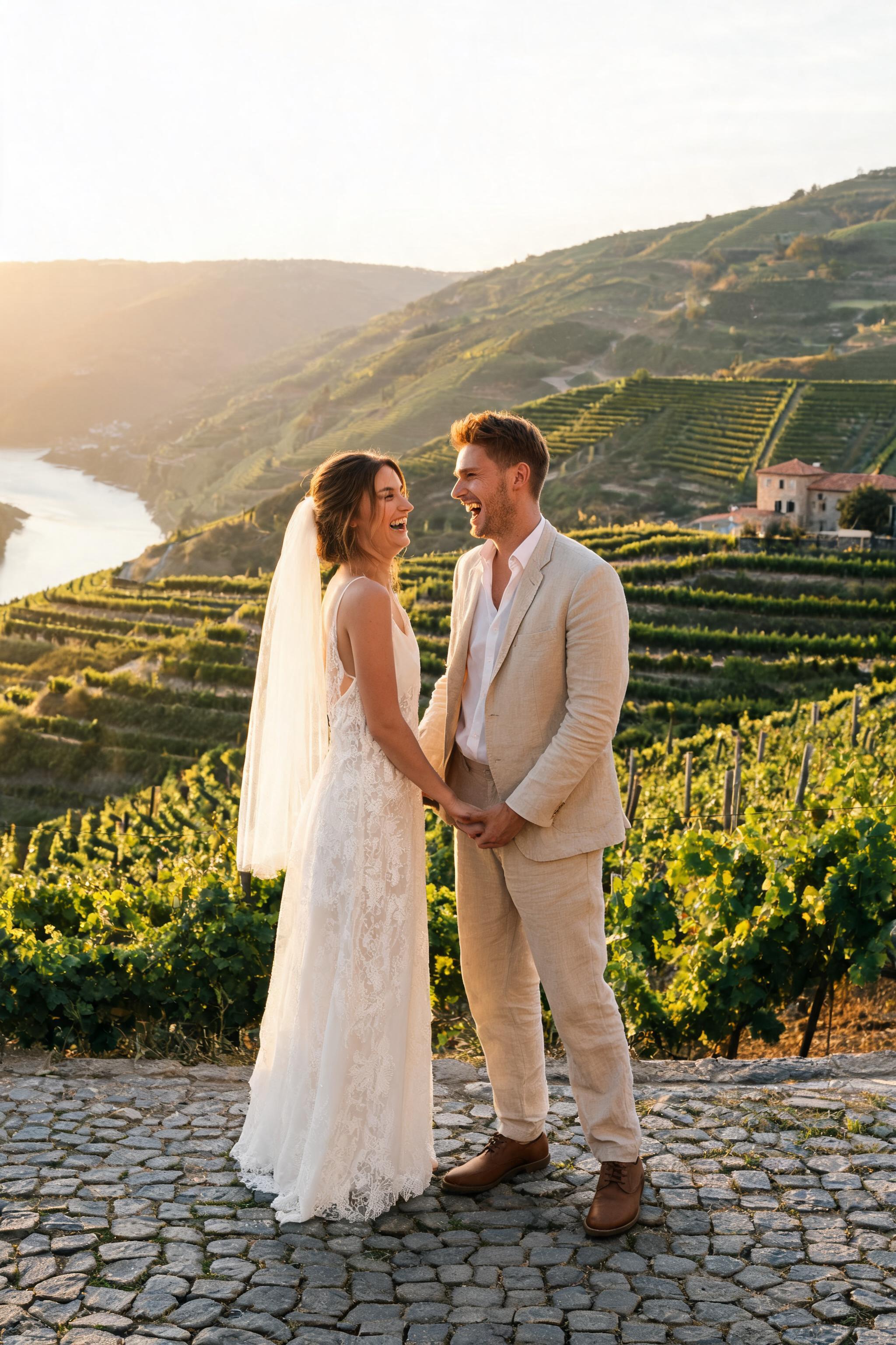 Couple laughing on stone terrace above Douro Valley vineyards at golden hour, bride in ivory slip dress, groom in beige linen