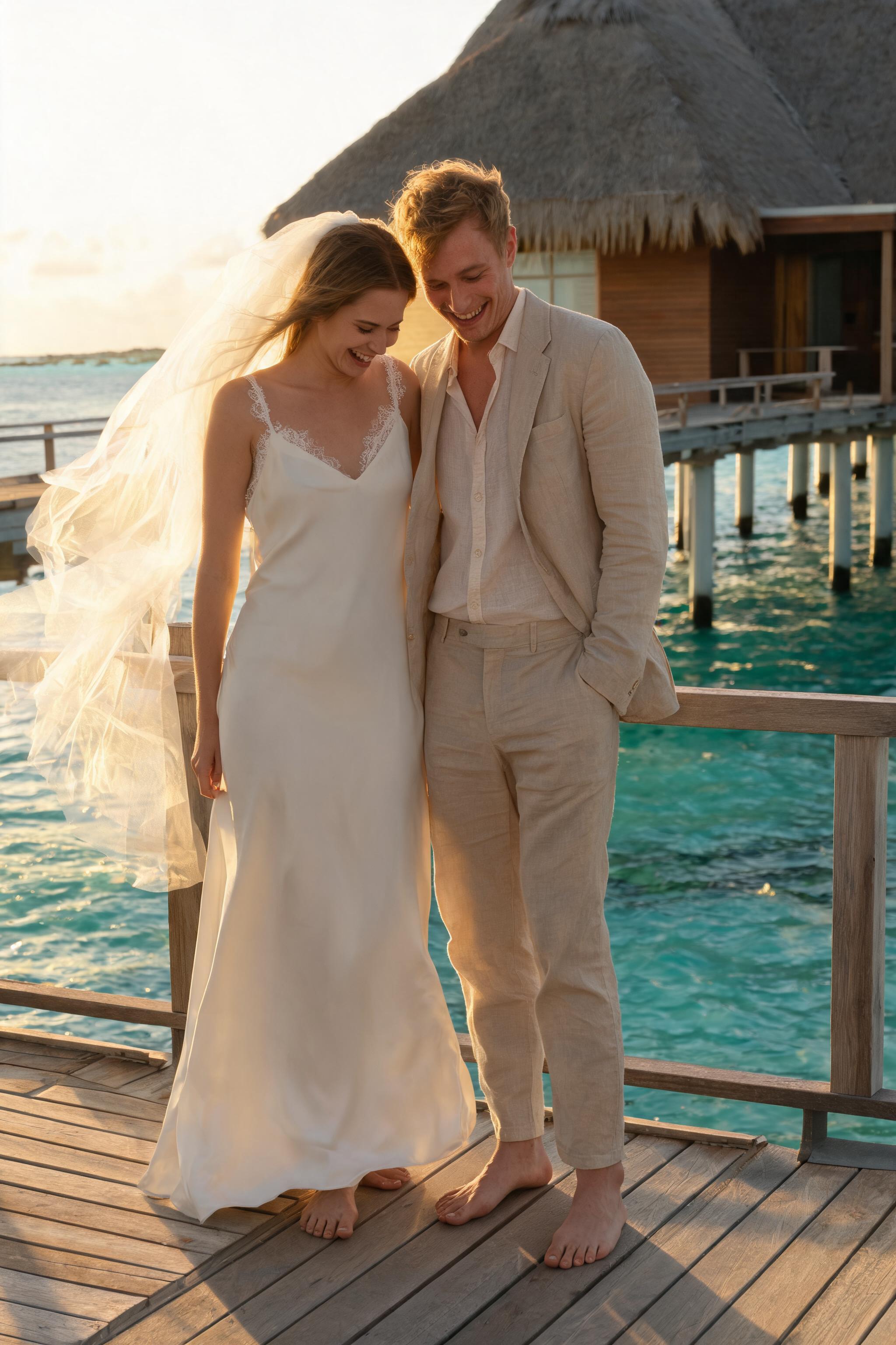 Couple in wedding attire laughing on Maldives overwater bungalow sundeck, turquoise lagoon, golden light.