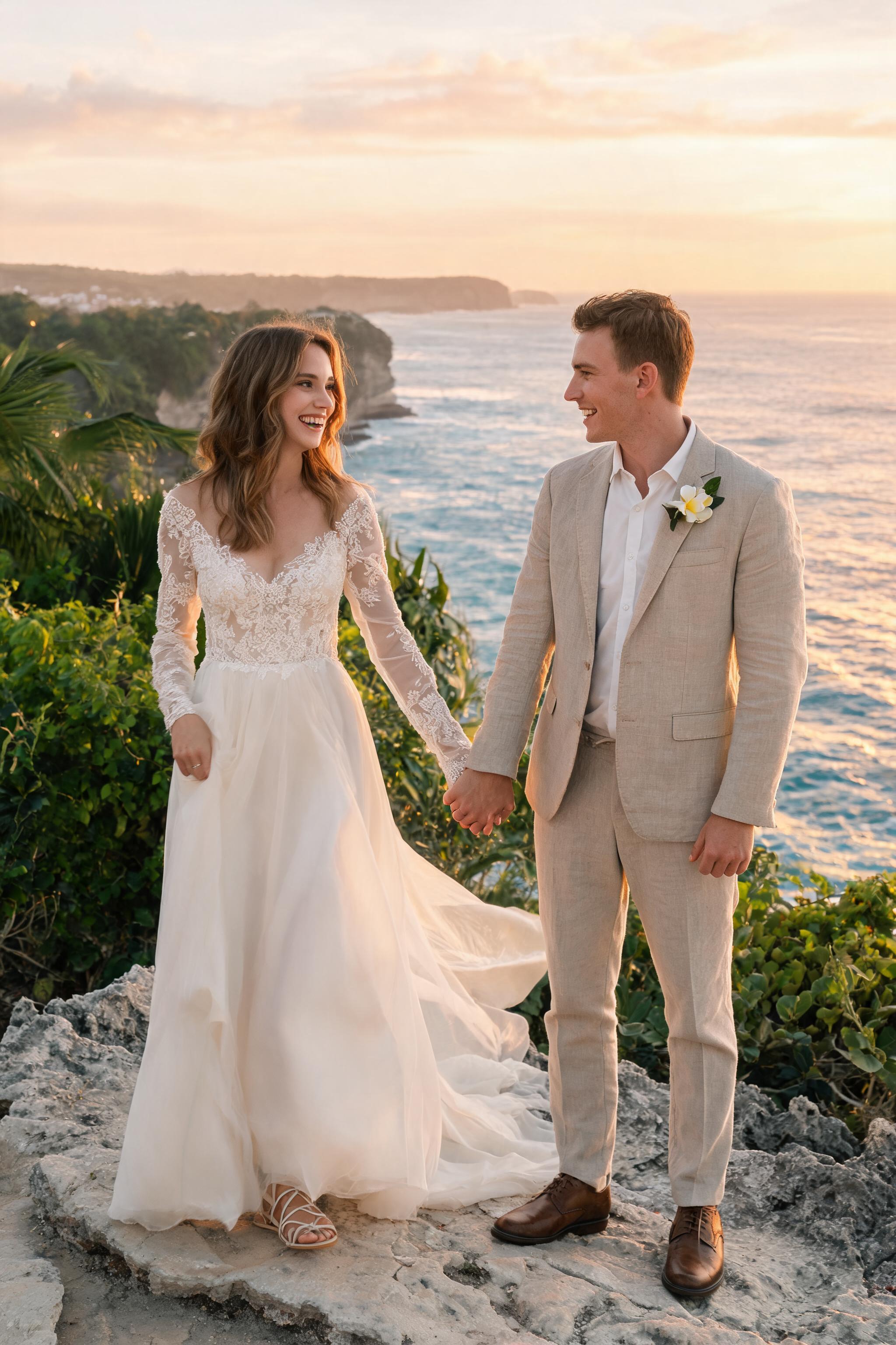 European couple exchanging vows on a Bali cliff at golden hour, bride in silk chiffon, groom in linen, ocean backdrop.