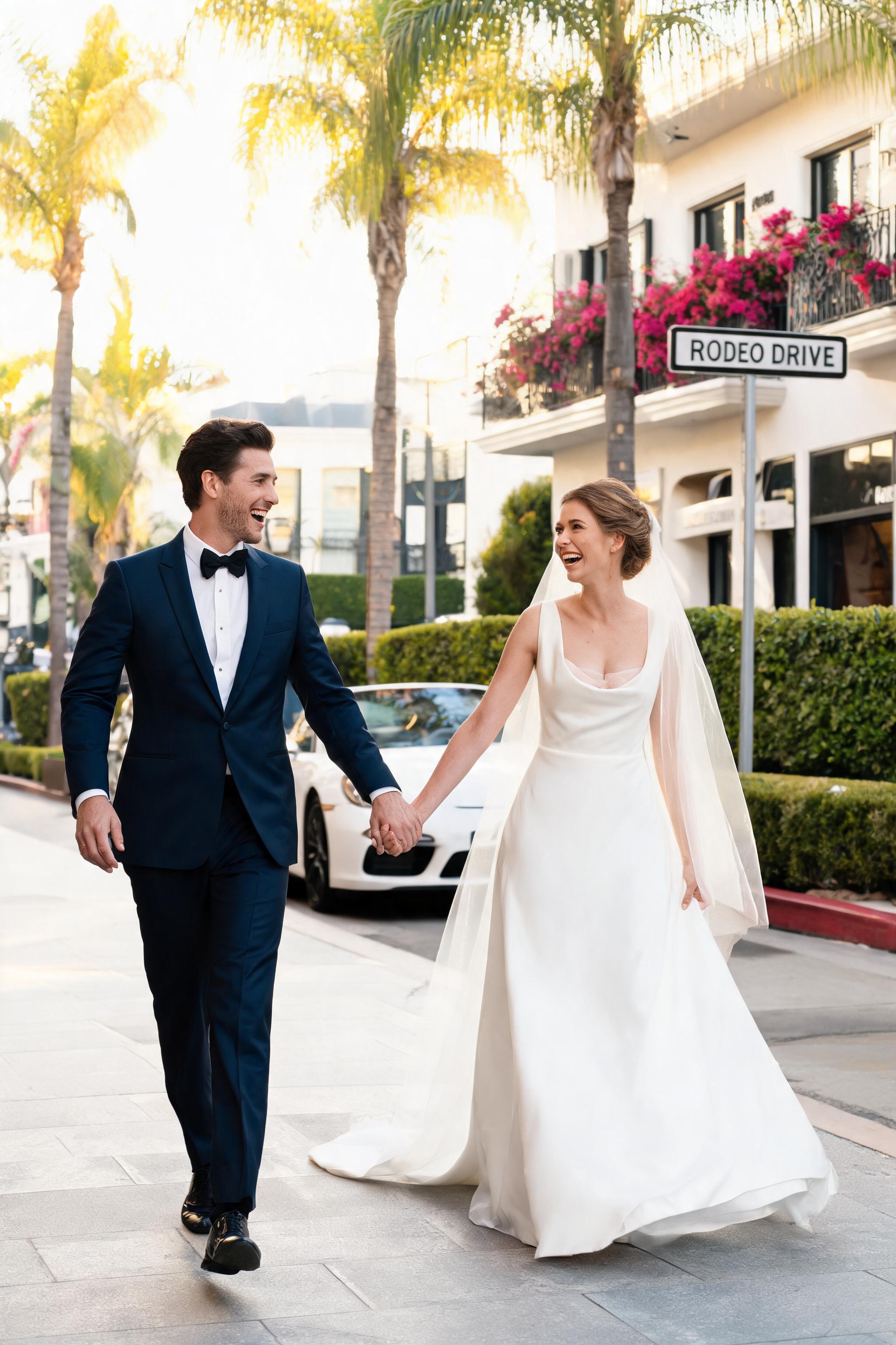 Bride in silk crepe gown and groom in midnight blue tuxedo walk hand in hand on a palm-lined Beverly Hills street at golden h