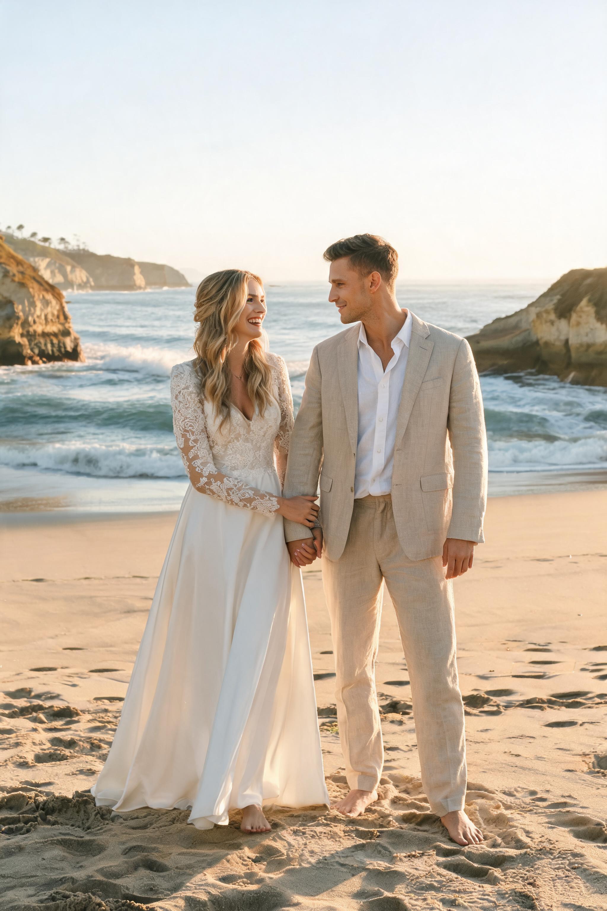 Couple in wedding attire holding hands on La Jolla beach at golden hour, ocean and cliffs behind them.