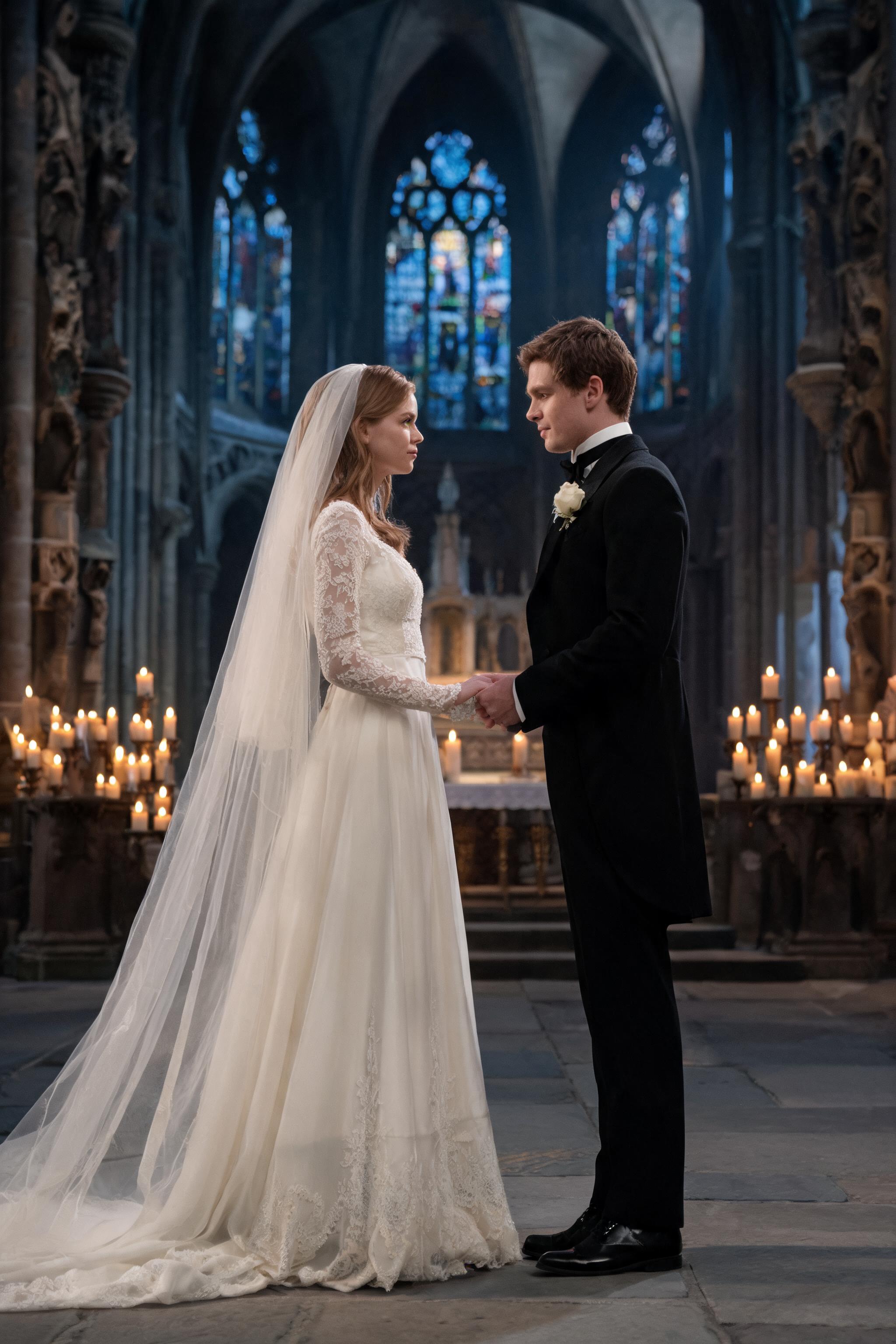 European couple in late twenties exchanging vows in a historic stone cathedral, surrounded by hundreds of candles, she in ivo