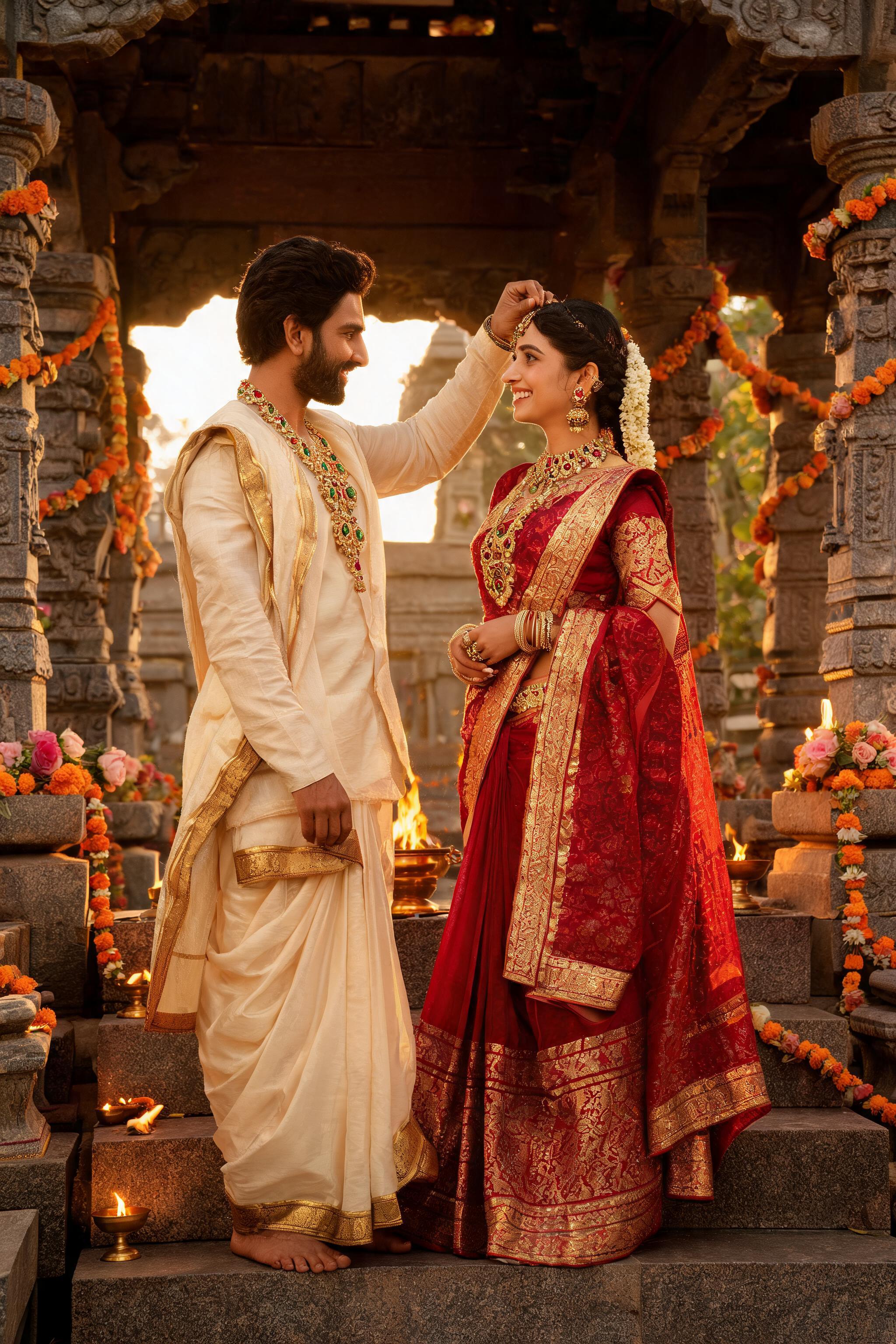 South Indian couple in royal wedding attire on temple steps at golden hour, groom adjusts bride's maang tikka, she laughs.