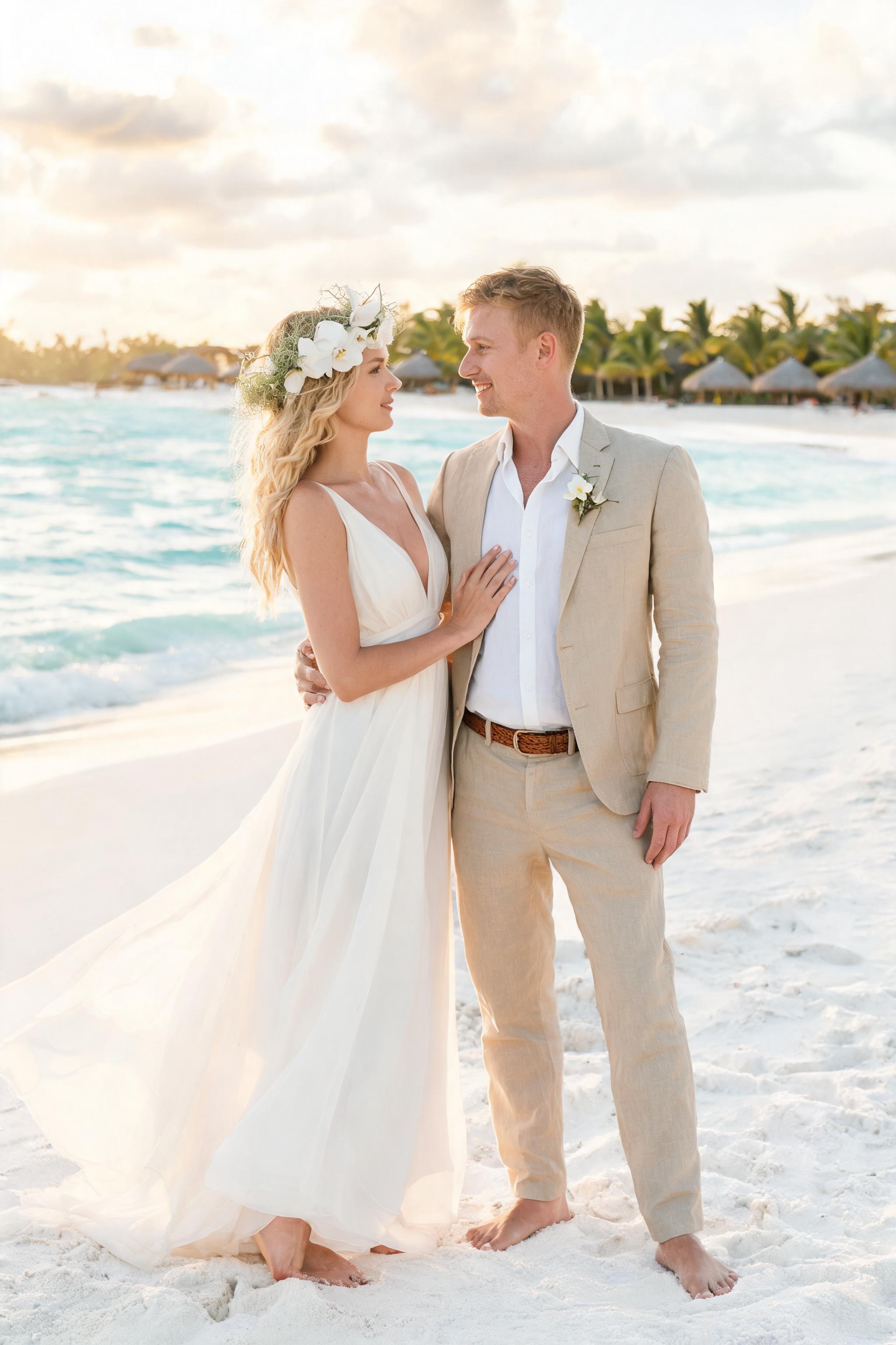 Barefoot couple in silk chiffon gown and linen suit on Tulum beach at golden hour, turquoise water and palms behind.
