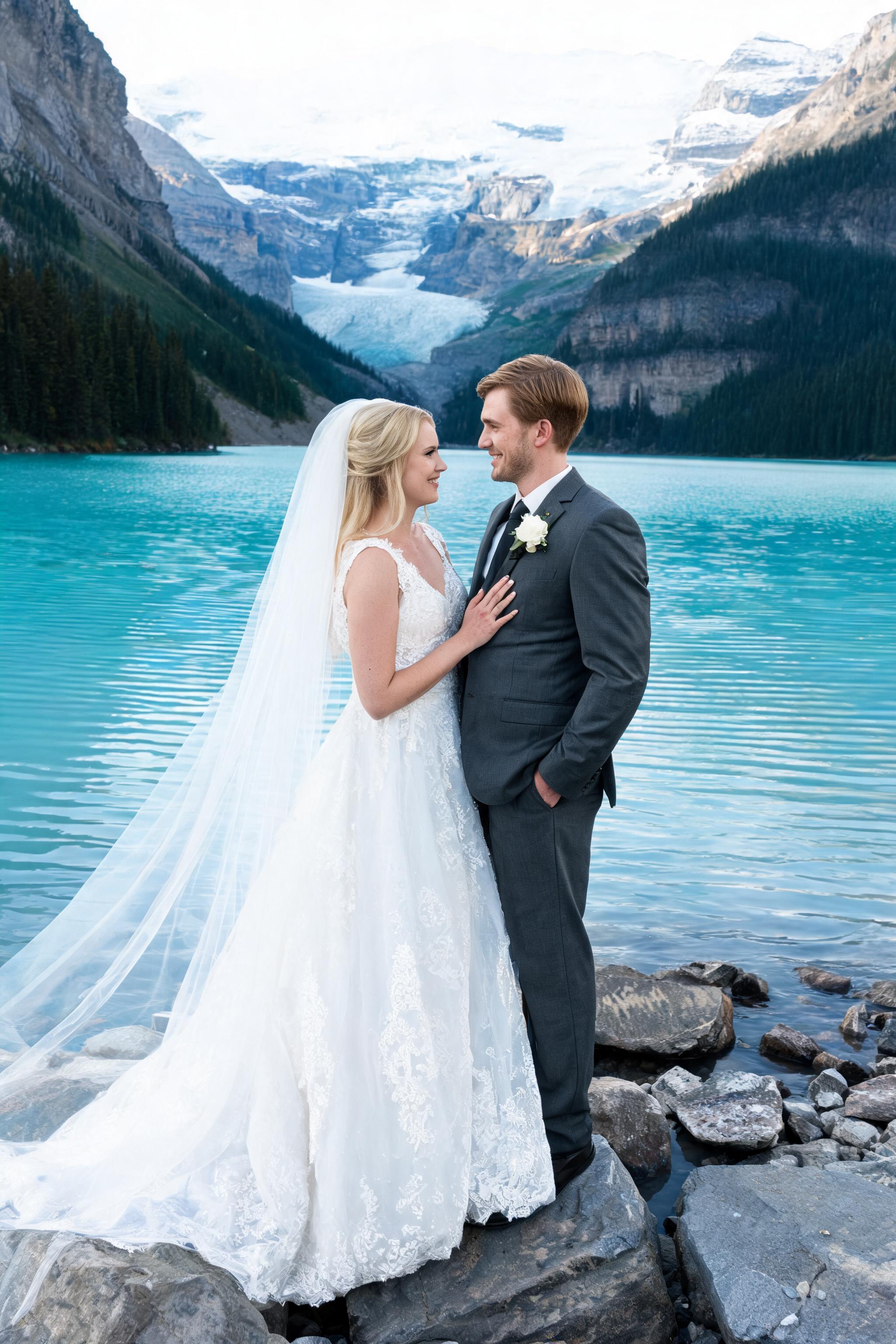 Couple in wedding attire on rocky shore of Lake Louise, turquoise lake and Victoria Glacier behind, soft morning light, everg
