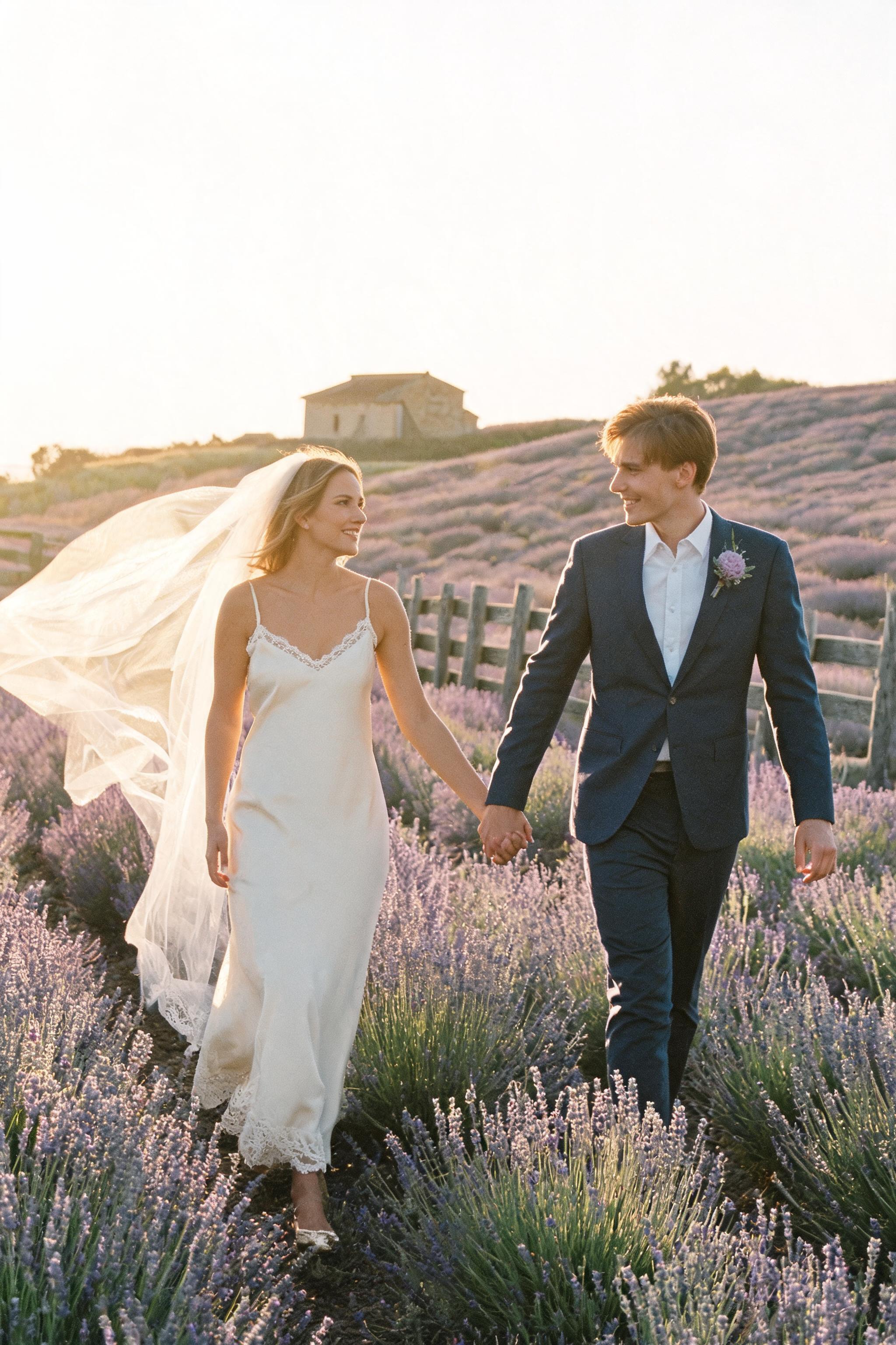 Bride in silk slip gown and groom in midnight blue suit walk through lavender field at golden hour, 35mm film look.