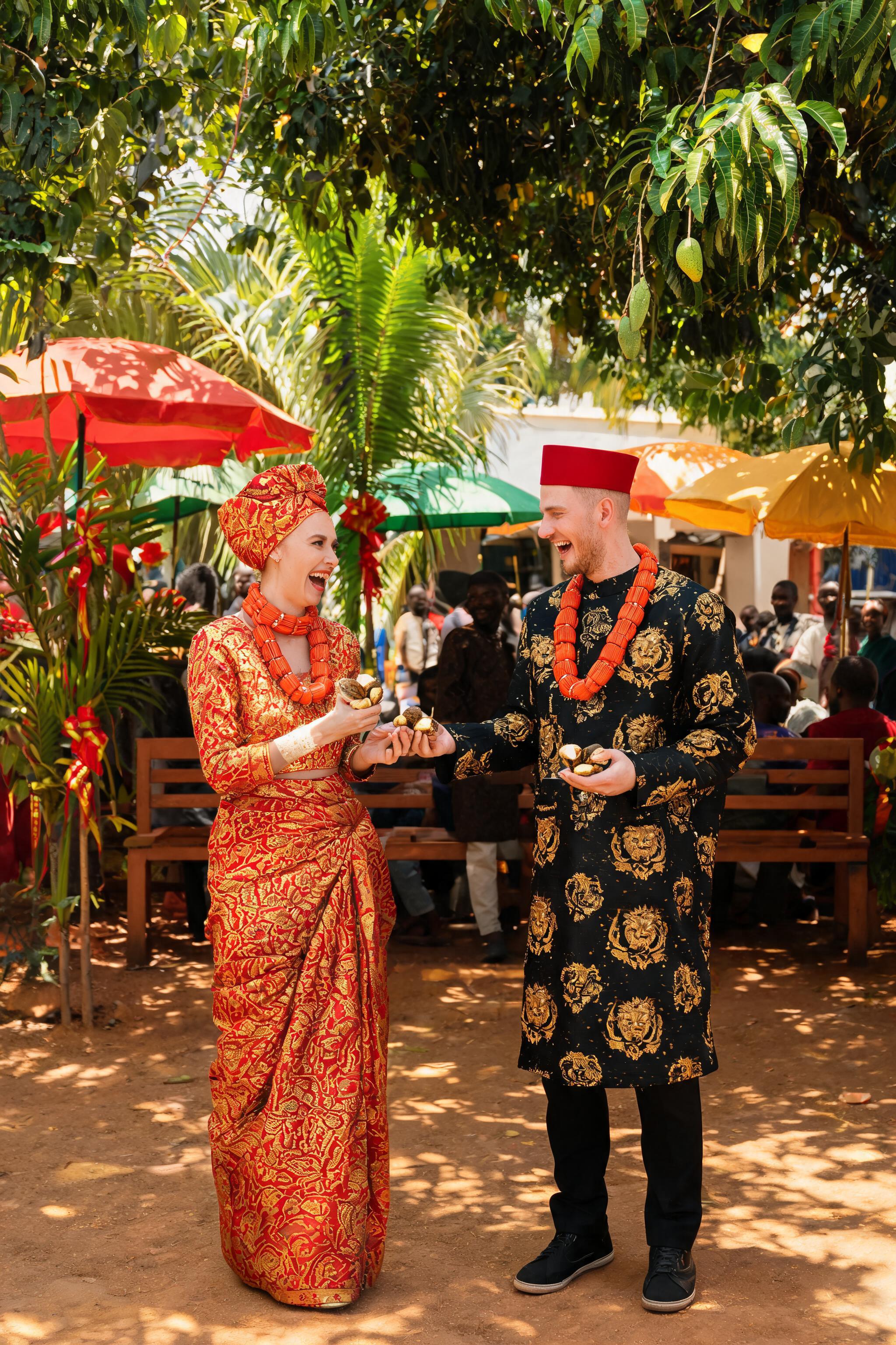 Igbo couple in traditional wedding attire exchanging kola nuts under mango trees, surrounded by palm fronds and colorful umbr