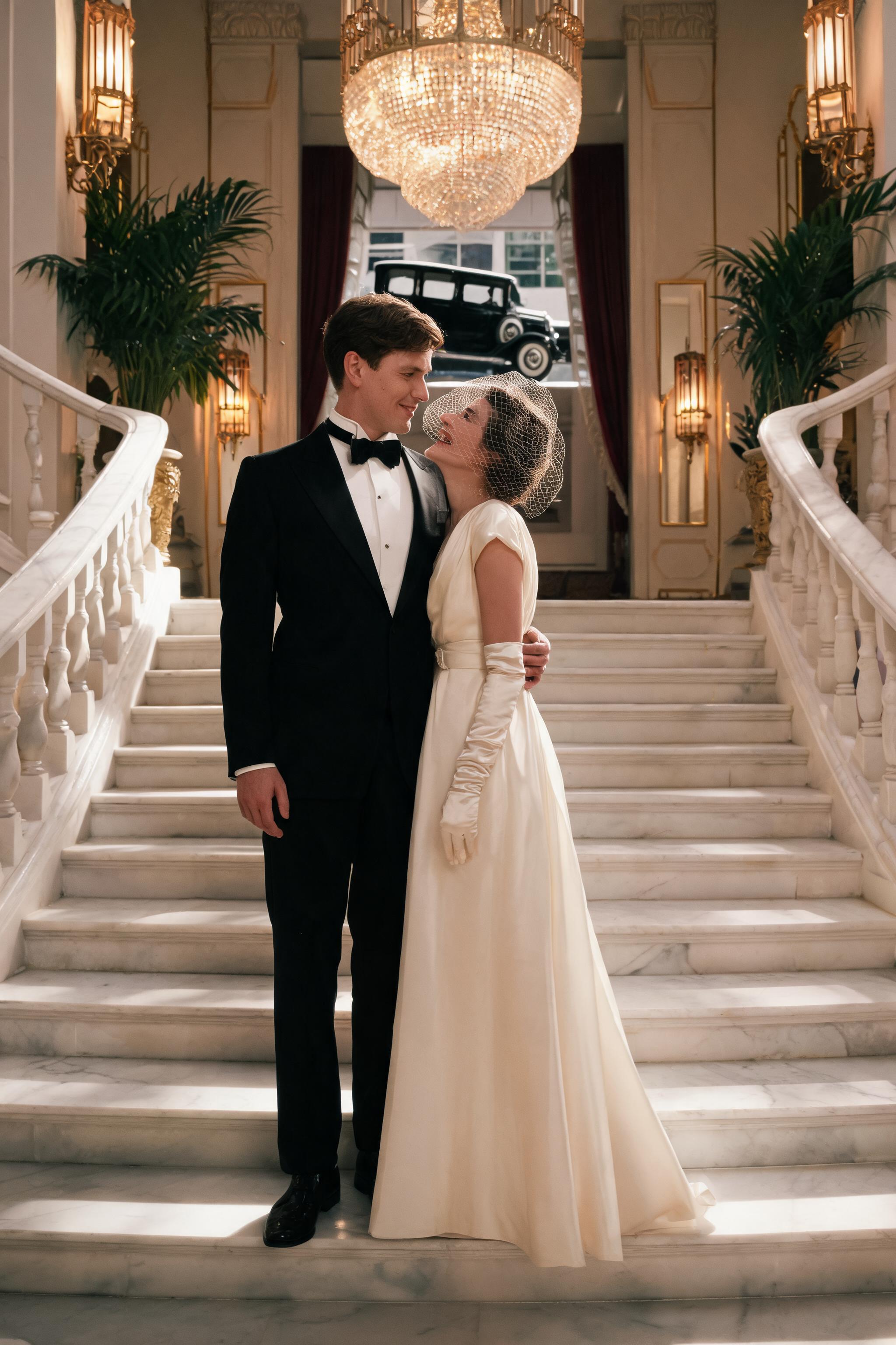 AI old hollywood black tie wedding photos