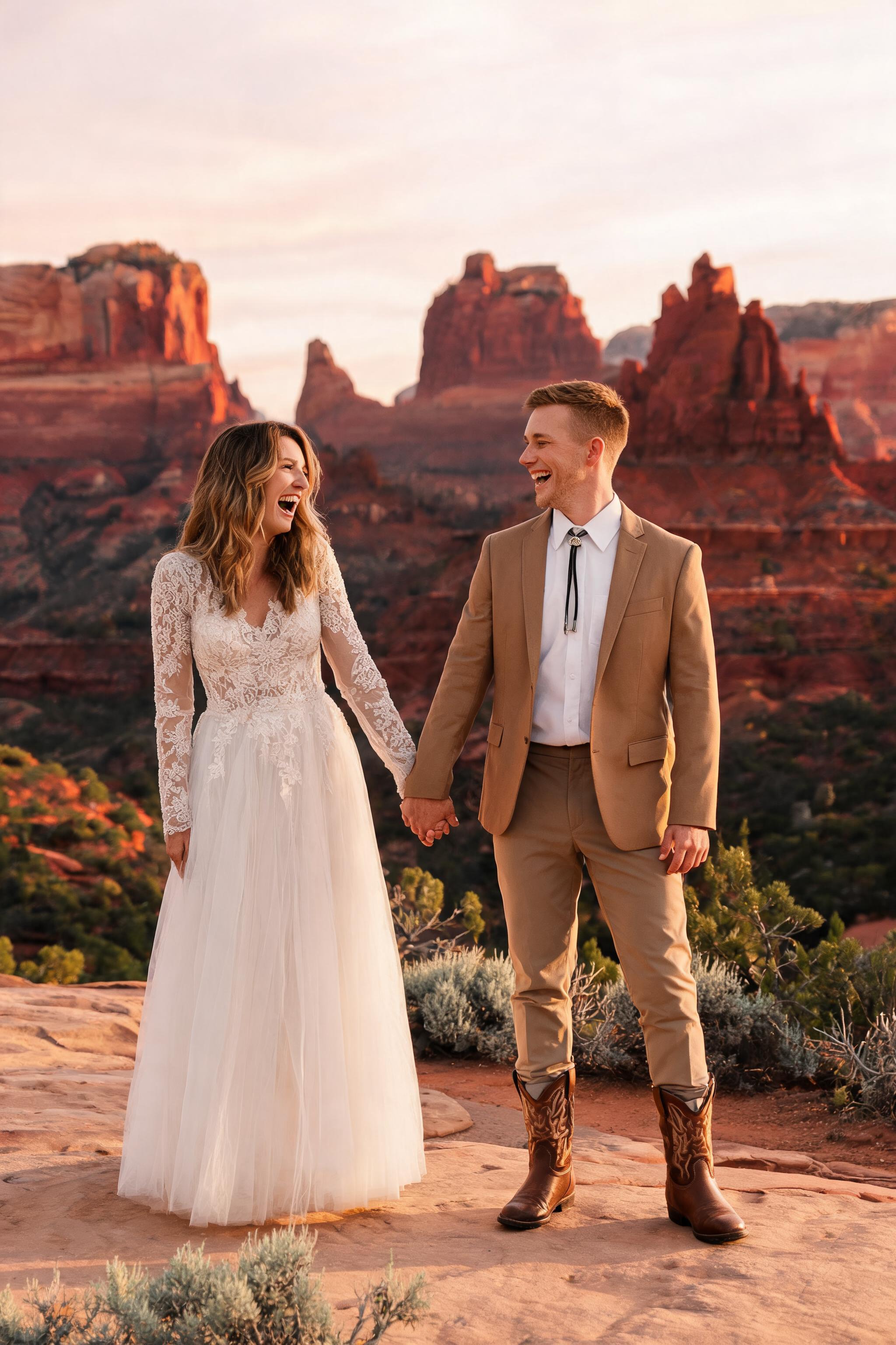 Couple in bohemian lace gown and tan suit with bolo tie laughing on a sandstone ledge amid Sedona's red rock spires at golden
